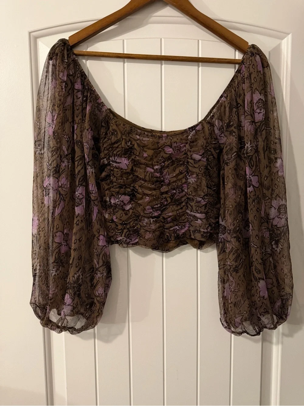 Free People Lilia in Olive Combo and Purple Sheer Puff-Sleeve Crop Top
